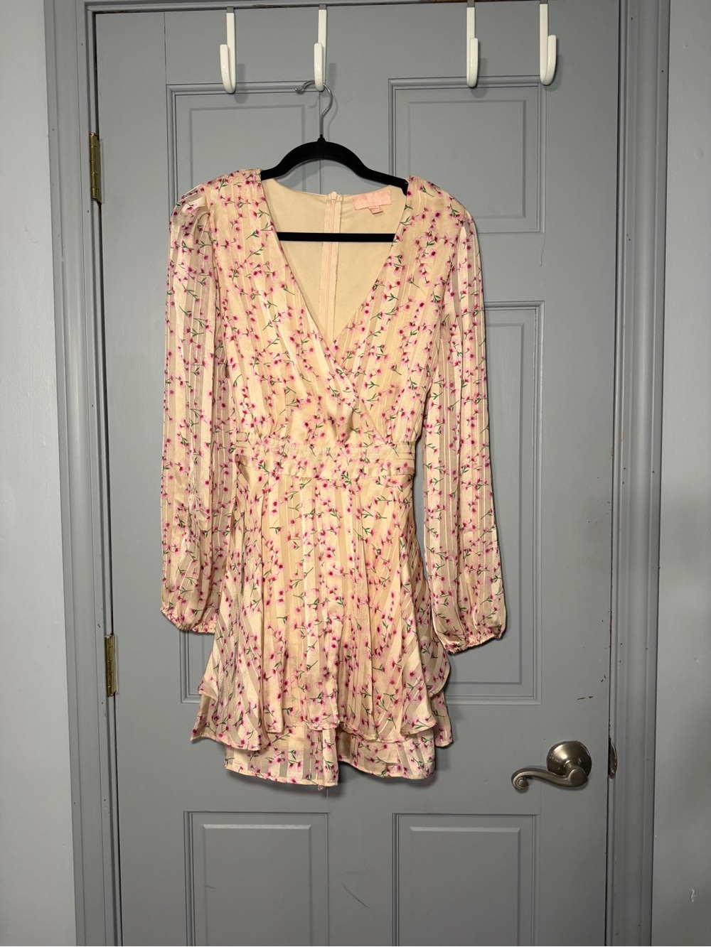 Cream Floral Long-Sleeve Wrap Mini Dress with Pink Blossoms
